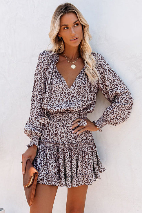 V Neck Long Sleeve Tie Waist Mini Dress